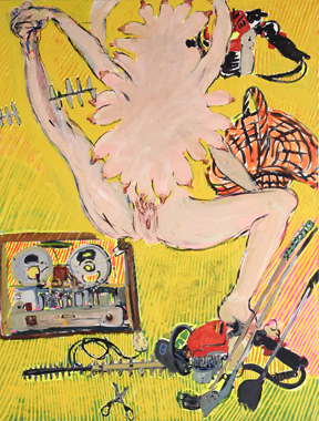 Elizabeth Cope: Lady with teats, radio and hedge trimmer, 2005, oil on canvas,  182.9 x 152.4 cm